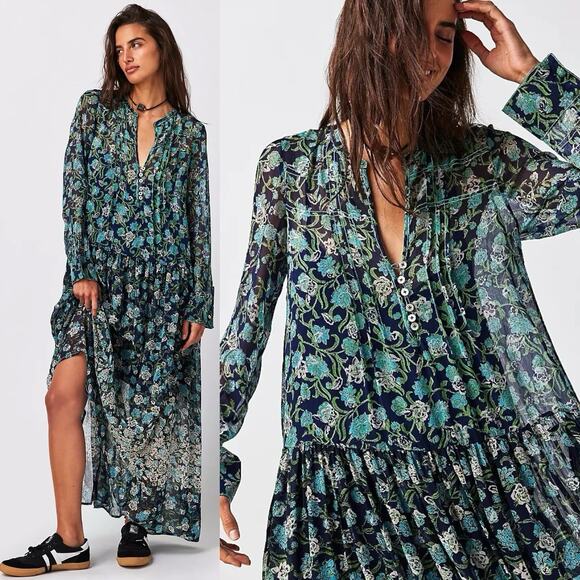 Free people Bohemian See it through Maxi Dress Twilight Floral Small Retro 70s - Picture 1 of 14